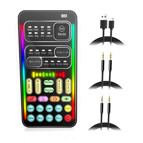 VBESTLIFE Portable Voice Changer, 8 Voice Changes Live Sound Card, Cool LED Lights Sound Board, Voice Disguiser, Modulator for for for One for PC,Phone,Laptops