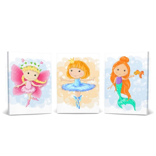 Smile Art Design Cute Fairy Ballerina Mermaid Decor 3 Panel Canvas Print Set Kids Room Decor Wall Art Baby Room Decor Nursery Decor Ready to Hang Made in The USA-(12x8) x3