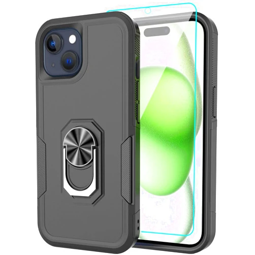 LEXNEC Designed for Apple iPhone 15 Plus Case with Tempered Glass Screen Protector,Heavy-Duty Tough Rugged Phone Case Cover with Ring Holder Kickstand for iPhone 15 Plus 5G (6.7