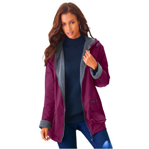 Roaman's Women's Plus Size Hooded All-Weather Jacket Fleece Lining Rain Coat