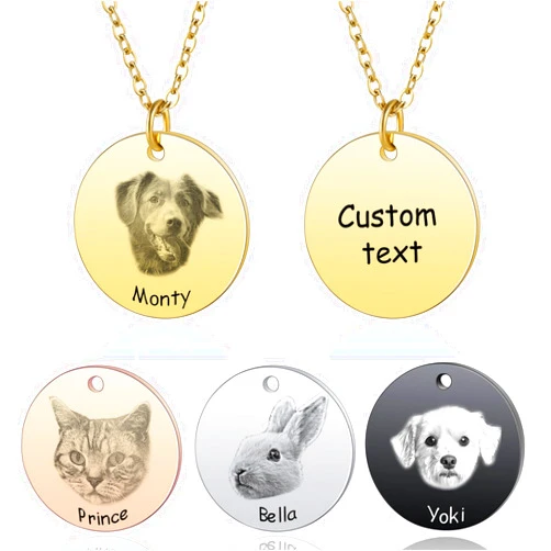 MeMeDIY Personalized Pet Portrait Necklace Customized Round Disc Photo Text Engraved Necklace Dog Cat Name Pet Sketch Necklace for Animal Lover Dog Mom/Dog Dad