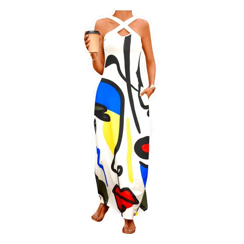 GORGLITTER Women's Graphic Criss Cross Halter Dresss Sleeveless Flowy A Line Maxi Dresses
