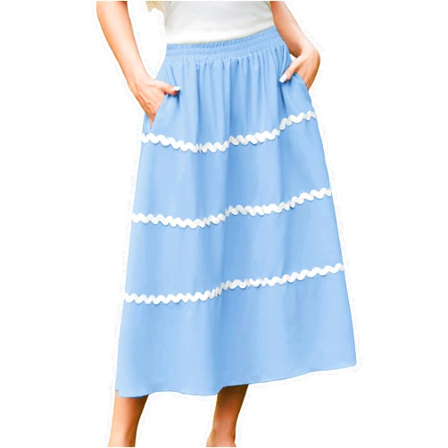 GRACE KARIN High Waisted Skirts for Women Swing RIC Rac Long Summer Skirts Midi Skirt with Pockets