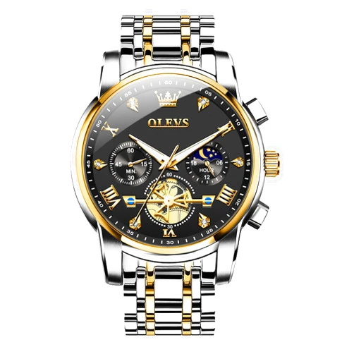 OLEVS Men Watches Stainless Steel Chronograph Watch, Large Wrist Analog Quartz Watch, Fashion Waterproof Diamond Roman Numerals Dress Watches for Men, Gold/Black/White/Blue/Grey Dial