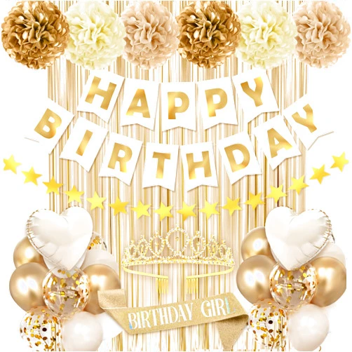 Miucat Golden Birthday Party Decorations for Women Girls , 46Pcs Gold Birthday Decorations Include Birthday Girl Sash Crown Fringe Curtain Balloons for Women Girls Party Supplies