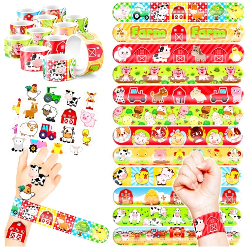 Generic 48PCS Farm Animal Party Favors 24PCS Tattoos 24PCS Slap Bracelets Wristbands Themed Birthdays Party Supplies Decorations Decor Cow Barn Animals Sheep Pig Horse Tractor Pattern Girls Boys Gifts