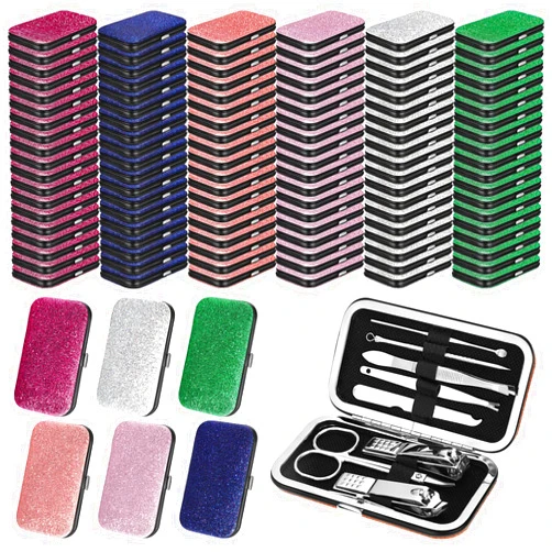 Leriton 120 Pack Manicure Set Bulk, 8 in 1 Grooming Kit Stainless Steel Nail Clipper Set with Leather Case, Portable Pedicure Kit for Women Men, Mani Pedi Set for Travel Home Salon Gift (Glitter)