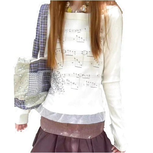 Dynict Women's Cute Y2K Graphic Sweatshirt Aesthetic Lace Patchwork Grunge Sweatshirt Slim Fit Long Sleeve Tops