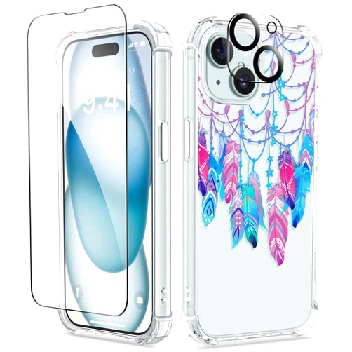 GVIEWIN 3 in 1 Designed for iPhone 15 Plus Case 6.7 Inch, with Screen Protector + Camera Protector Clear Flower [Not-Yellowing] Shockproof Women Slim Phone Cover, 2023 (Sweet Dream/Blue)
