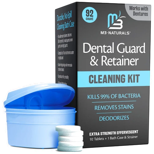 M3 Naturals Retainer Cleaner and Soak Container, No-Mess Cleaning Tablets with Universal Denture Bath Case and Strainer, Multipurpose, for Mouth Guard Stains, Odor, and Plaque (92 Tablets + 1 Bath) by M3