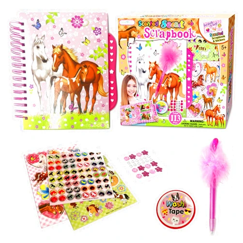 SMITCO Horse Scrapbook Kit for Girls | Equestrian DIY Scrapbooking Kit for Little Girl and Tween Gifts | 114 Piece Scrapbook and Stationary Supplies Kit with Stickers, Jewels, Washi Tape, and Passcode Lock