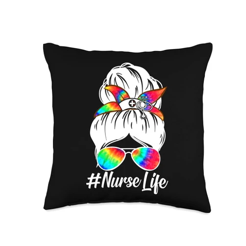 Nurse life Funny Messy Bun Hair colorful Glasses Nurse Funny Messy Bun Hair Scrub Life Colorful Glasses Throw Pillow, 16x16, Multicolor