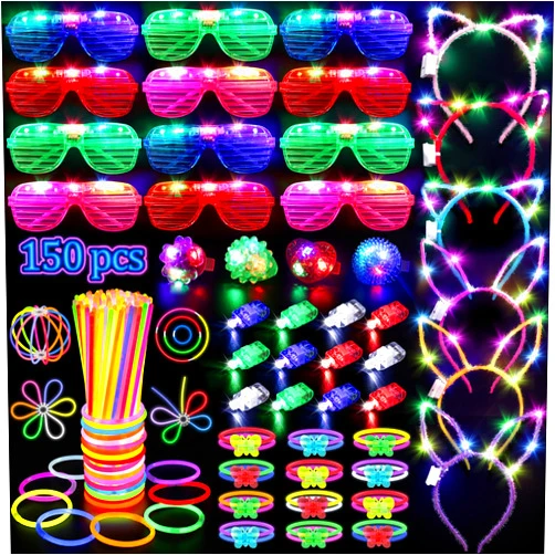TSDATOWR 150PCS Glow in the Dark Party Supplies for Kids Adults, Light Up Party Favors with Light Up Glasses, Headband, Rings, 100 Glow Sticks Bulk Party Pack DIY Glow Necklaces Bracelets, Neon Party Supplies