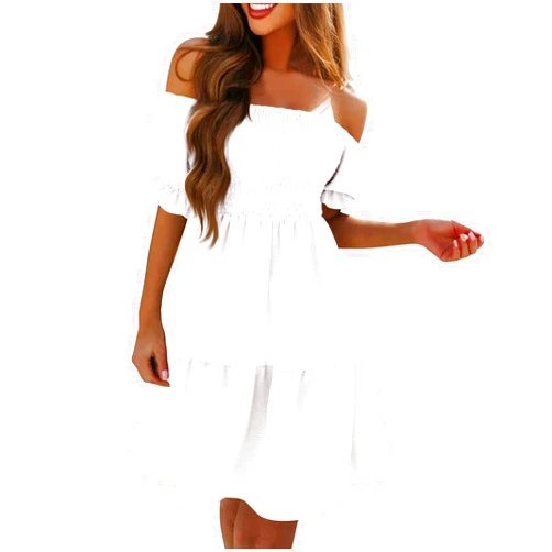Generic Women's 2024 Boho Summer Dresses Puff Sleeve Off Shoulder Smocked Tiered Solid Dress Casual A Line Short Mini Dress