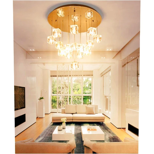 YMURAL Ice Cube Shape Glass Chandelier Staircase Lamp Long Chandelier for High Ceiling Simple Modern Pendant Light for Living Room Duplex Building Villa Hollow Multi Lights Large Chandeli (15 Lights)