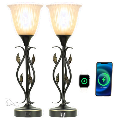 Opoway Set of 2 Touch Control Table Lamps, 3-Way Dimmable Torchiere Bedside Lamps with Dual USB Charging Ports, Leaf Body and Glass Shade Retro Lamps for Living Room, Bedroom, LED Bulb Included