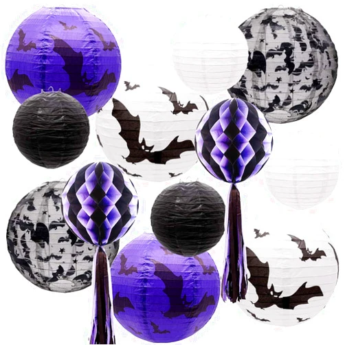 UNIQOOO 12pcs Spooky Halloween Decor Black White Purple Hanging Paper Lanterns Set with Decorative Bats & Honeycomb Pom Pom Tassels for Indoor/Outdoor Holiday Home Garden Decor Party, 12 in & 8 in