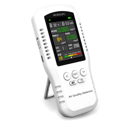 MOESAPU 8-in-1 Indoor Air Quality Monitor, Formaldehyde Detector, Temperature & Humidity Meter, Sensor, Tester Detect PM2.5, CO, CO2, HCHO,TVOC,AQI Micron Dust, Home Air Test Kits