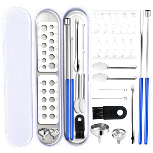 Jueion Capsules Filling Machine Tray Kit - 12Pcs Powder Tamper Capsule Holder Filler Maker Tool - Empty Gel Lab Scoops Tiny Spatula Micro Spoon Funnel Quick Fill Tools Size #000 00 0 1 2 3