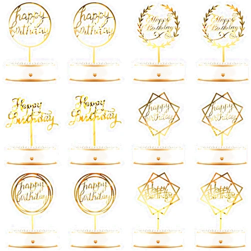 Queekay 12 Pieces Acrylic Happy Birthday Cake Topper Glitter Birthday Cupcake Topper Pick Decorations for Birthday Party Cake Desserts Pastries, 6 Styles (Gold)