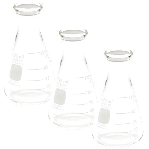 PYREX 125mL Narrow Mouth Erlenmeyer Flasks with Heavy Duty Rim, 3/pk