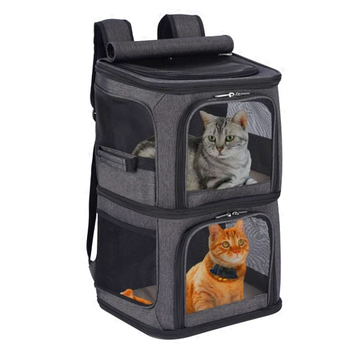 VOISTINO 2-in-1 Double Pet Carrier Backpack for Small Cats and Dogs, Portable Pet Travel Carrier, Super Ventilated Design, Ideal for Traveling/Hiking/Camping, Black