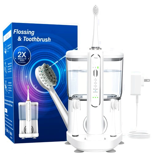 ZoCCee Electric Toothbrush with Water Flosser - Wireless Charging 3 in 1 Flossing Toothbrush - 500ML Professional Cordless Brush and Flosser in One - 5 Brush Modes & 3 Floss Speed (White)