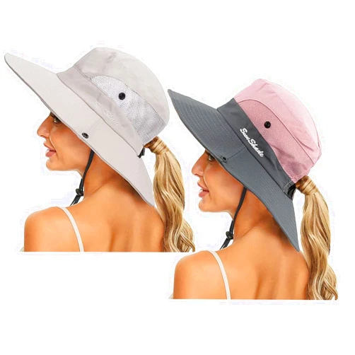 Pogah Women's Summer Sun-Hat Ponytail - Outdoor UV-Protection Mesh Wide Brim Foldable Hat with Ponytail Hole