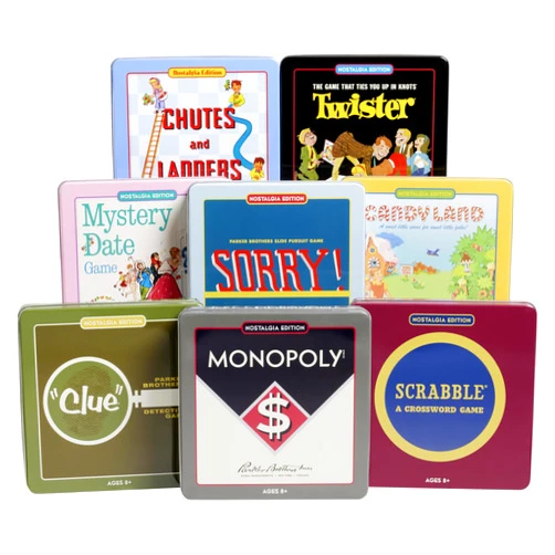 WS Game Company Complete Nostalgia Tin Collection of Classic Board Games Including Scrabble, Monopoly, Clue, Mystery Date, Candy Land, Chutes and Ladders, Sorry, and Twister