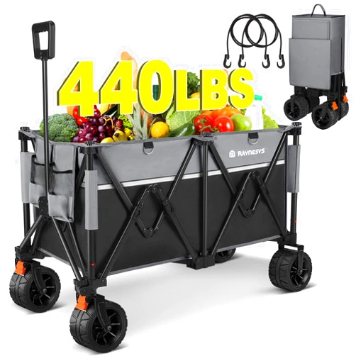 Raynesys Collapsible Foldable Wagons, 440 lbs Weight Capacity Beach Wagon with Big All-Terrain Wheels, Heavy Duty Foldable Wagon,Utility Wagon Carts for Outdoor, Sports, Shopping, Camping, Black & Gray