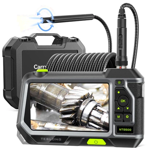 Teslong Dual Lens Endoscope with 360 Degree Rotation Probe, Teslong NTS500 5-inch Borescope Inspection Camera with High Brightness LED Light, Flexible Mechanics Scope Camera Fiber Optic Snake(16.5ft)