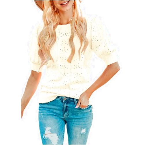 MEROKEETY Women's 2024 Fall Puff Short Sleeve Sweater Tops Crew Neck Crochet Knit Soft Pullover Shirt