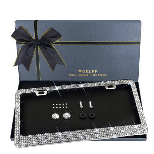 OKLPF Sparkly Bling Stainless Steel License Plate Frames for Women, 1PCS | Over 1000 pcs 14 Facets Bedazzled Clear Glass Diamond Rhinestone Crystals w/Free Glitter Diamond Box (White)