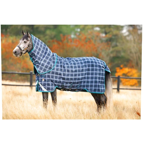 HORSEWARE Ireland Rhino Plus Medium Weight Waterproof Breathable Horse Turnout Blanket with Vari-Layer, 250G Fill, Navy Check/Teal, 87