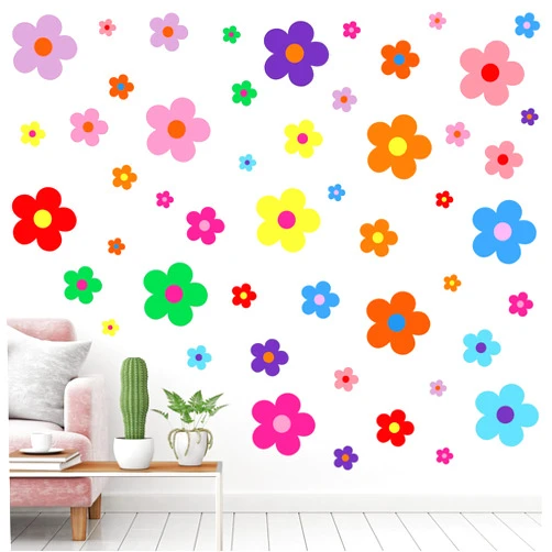 TaoBary 288 Pcs Y2k Cute Flowers Wall Sticker Colorful Floral Wall Decal Vinyl Peel and Stick Preppy Hippie Stickers Aesthetic Flowers Decor for Nursery Bedroom(9.1 x 11.4 Inch,Bright Colors)