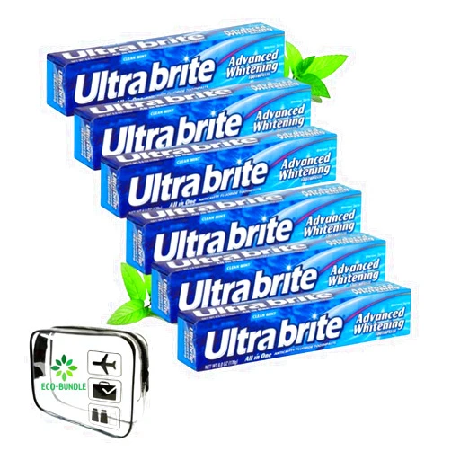 Eco-Bundle Colgate Ultra Brite Advanced Whitening Fluoride Toothpaste, Clean Mint, 6 Count Pack with Eco-Bundle TSA Approved Travel Bag Gift