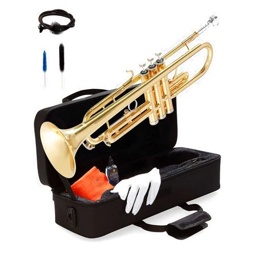 Mendini By Cecilio Bb Standard Trumpet Set for Beginners - Brass Trumpet Instrument with Hard Case, 7C Mouthpiece, Valve Oil, Cleaning Cloth, Gloves and Maintenance kit (Golden)