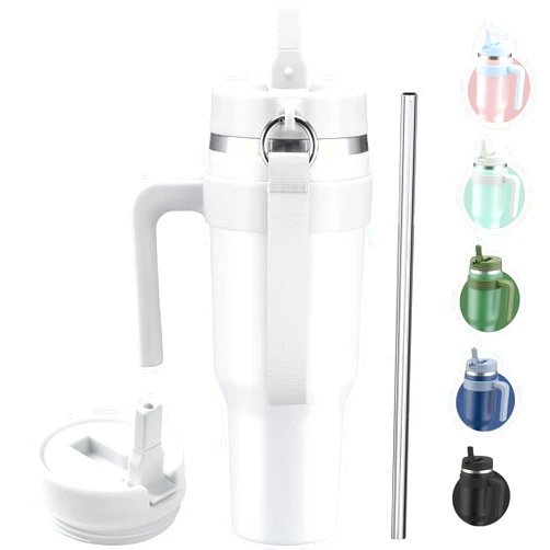 BLUEGO 46 oz Water Bottle with Handle Tumbler with Flip Straw Lid Leakproof Vacuum Insulated Stainless Steel Drinking Cup Travel Mug for Home Office or Car, White