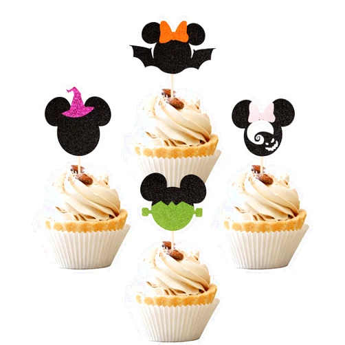 ZHUOWEISM 24 PCS Gliter Mouse Inspired Halloween Cupcake Toppers Witch Hat Ghost Bat Cupcake Picks Happy Halloween Mini Theme Baby Shower Birthday Party Cake Decorations Supplies