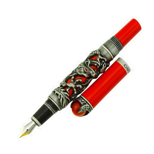 Lanxivi Jinhao Dragon King Fountain Pen Fine Nib Intricate Design Red Background with Jewelry on Top with Pen Pouch