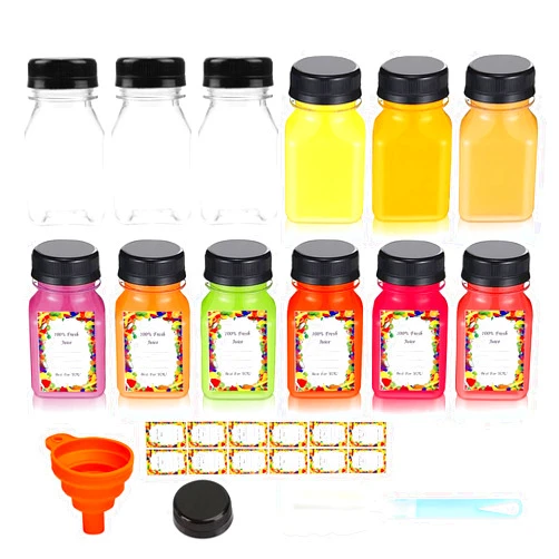 Z-synka 12PCS 4oz Plastic Juice Bottles Shot Bottles with Caps Reusable Clear Bottles with 12pcs Label,Funnel and Brush Beverage,Recyclable Drink Bulk Containers for Juicing,Smoothie,Milk,Ginger and Beverages
