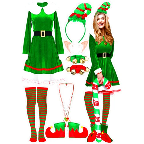 Nuanchu 14 Pcs Women Christmas Elf Costume Set Christmas Velvet Dress Santa's Helper Costume Outfit for Xmas Party Cosplay