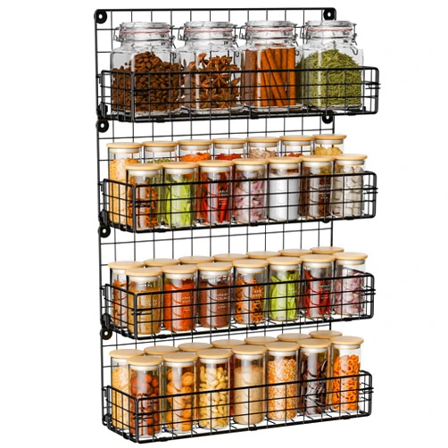 X-cosrack Spice Rack Organizer Wall Mounted 4-Tier Stackable Hanging Spice Storage Racks,Great for Kitchen and Pantry Storing Spices, Large with 5 Hooks, Up to Storage 80 Jars(Patent No.:D909138S)