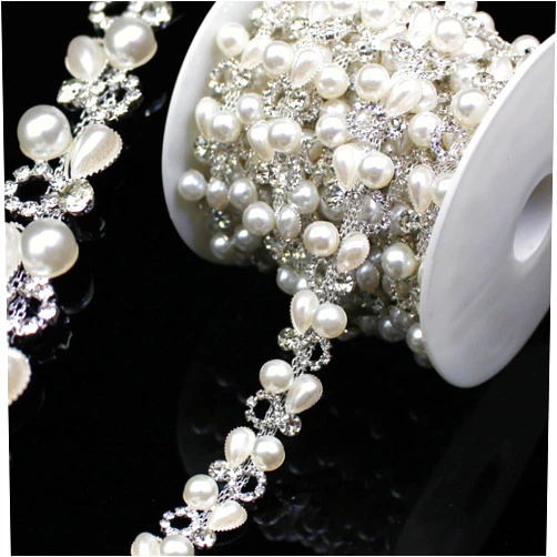 PEARLY JUN 1 Yard Pearl Chain Silver Rhinestone Trim String Crystal Applique Fringe Ribbon Strips Beads Sewing Dress DIY Party Wedding Bouquet for Decoration Bridal Costume Embellishment