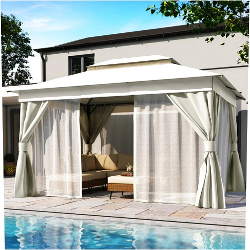 LAUSAINT HOME Outdoor Patio Gazebo 10'x13' with Expansion Bolts, Heavy Duty Gazebos Shelter Party Tent with Double Roofs, Mosquito Nettings and Privacy Screens for Backyard, Garden, Lawn, Cream White