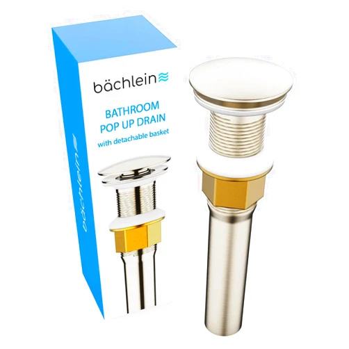 Bächlein Bathroom Sink Drain without Overflow - Brushed Nickel Pop Up Drain incl. 3 extra Seals - German Brand