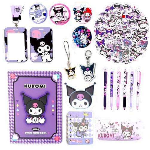 SMAROICE Cute Kuromi School Supplies Set Kawaii Office Supplies Gift Set Including Gel Ink Roller Pens Booklet Pencil Case ID Badge Stickers Button Pins Key Chain Phone Chain Phone Ring Holder