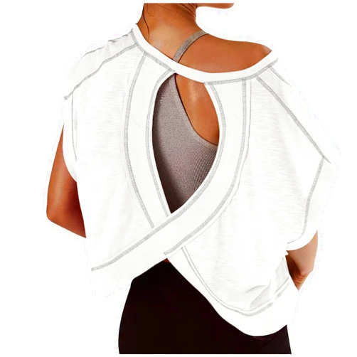 Hvyesh Womens Open Back Workout Tops Backless Long Sleeve Athletic Shirt Casual Summer Loose Running Crop Top Gym Yoga Tee