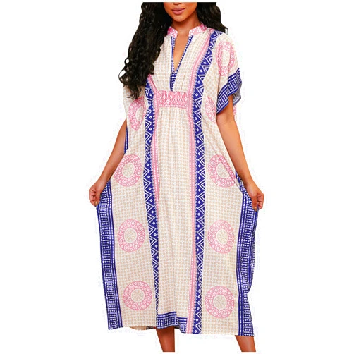Bawilom Womens Summer Beach Cover Up Swimsuit Cotton Short Cap Sleeve V Neck Bathing Suit Swimwear Vintage Boho Maxi Dresses