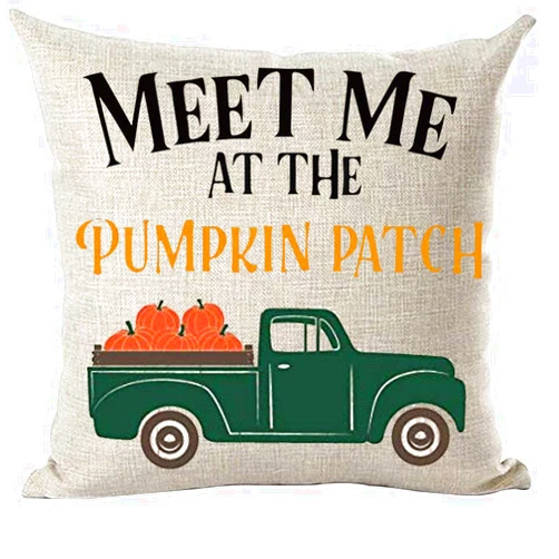 Ramirar Orange Word Art Quote Meet Me at The Pumpkin Patch Green Pickup Truck Autumn Decorative Throw Pillow Cover Case Home Living Room Bed Sofa Car Cotton Linen Square 18 x 18 Inches